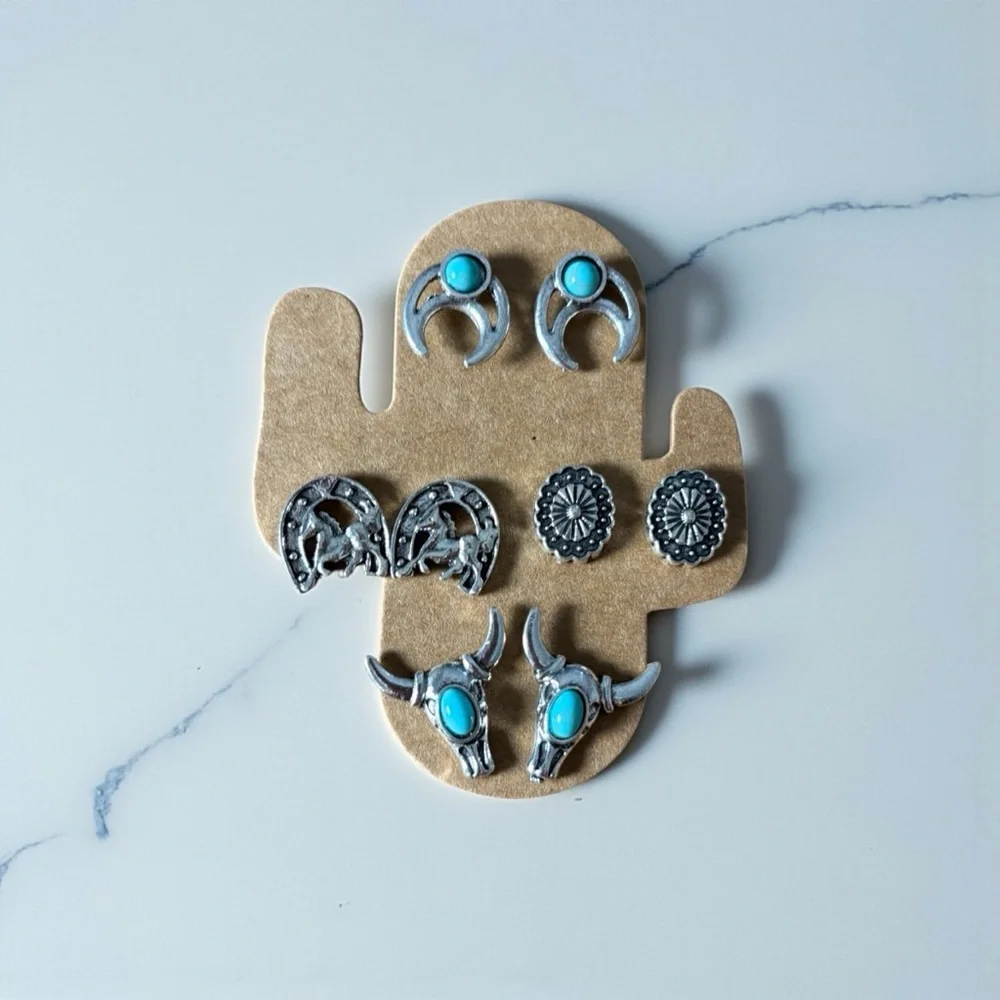 Bohemain Turquoise and Silver Western Flair Bull Skull Earrings Set